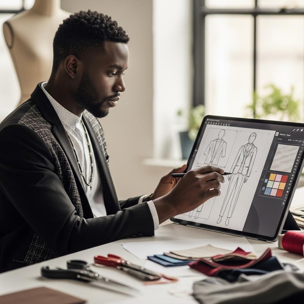 Fashion designer working on digital tablet